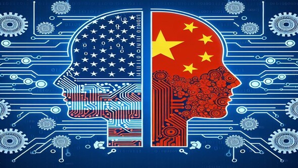 An illustration showing a two face in profile, one filled in with a U.S. flag, one filled with a flag of China, against a pattern of blue lines and gears